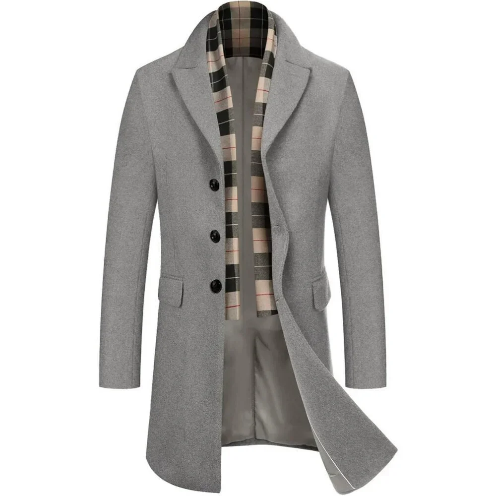 Men's Wool Blend Coat Detachable Plaid Scarf Notched Collar Pea Coat Light Grey - Picture 1 of 6